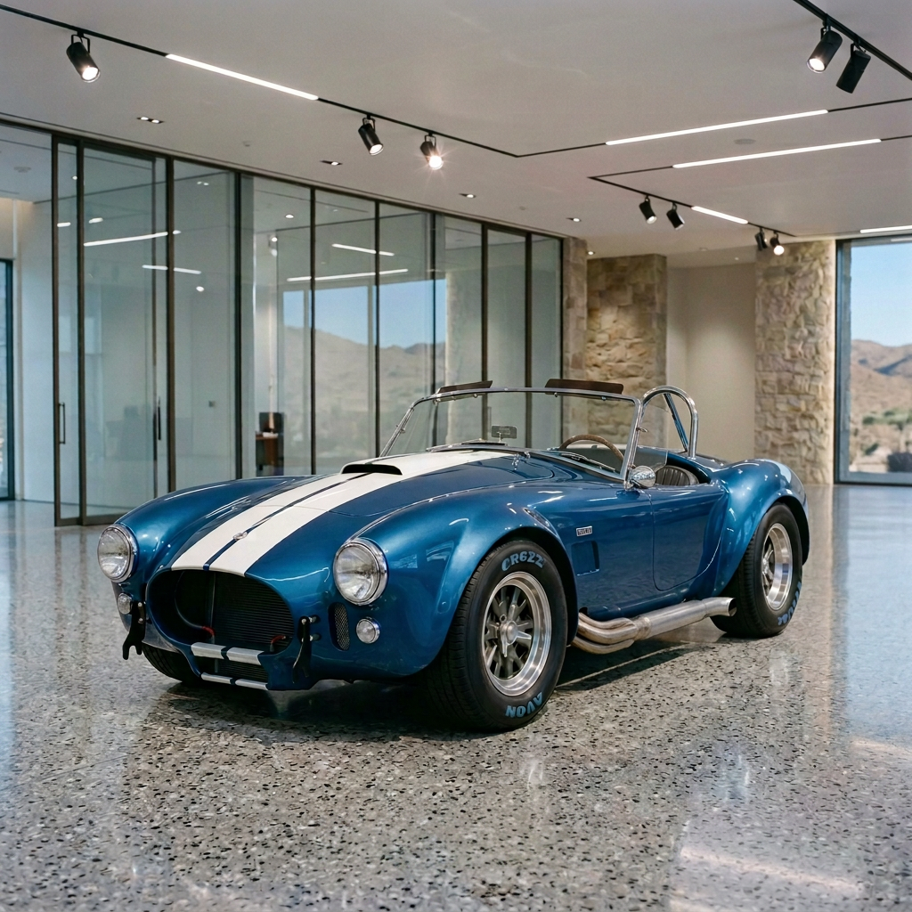 Blue classic roadster carrying two people on a winding mountain road