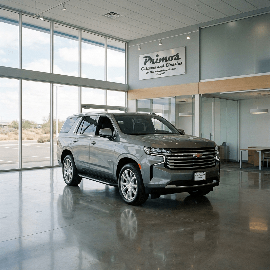 Silver Chevrolet Tahoe displayed inside a Chevrolet dealership showroom