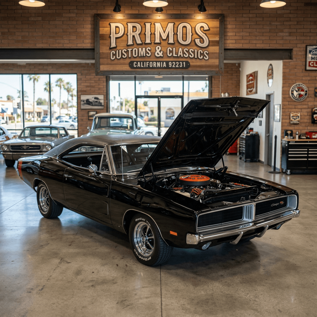 Black classic muscle car with open hood beneath PRIMOS CUSTOMS & CLASSICS sign