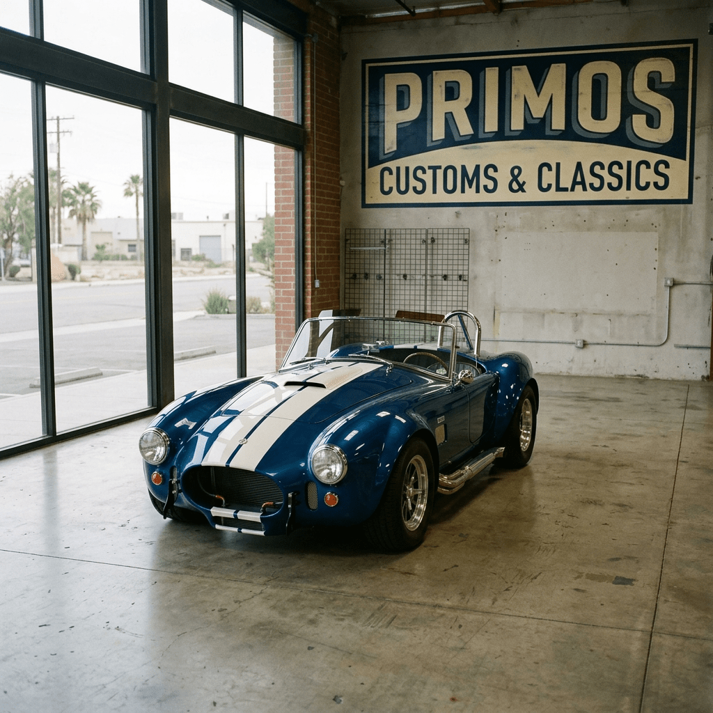 Blue-and-white classic roadster displayed inside a custom car showroom